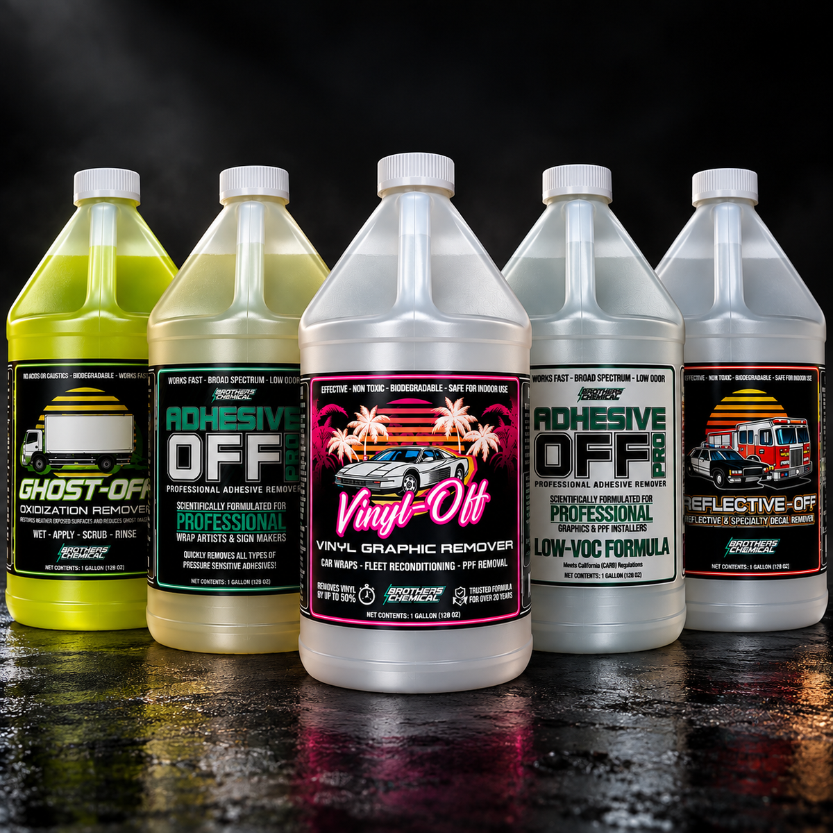 Cybertruck parked in a dark professional automotive garage — Brothers Chemical vinyl wrap removal