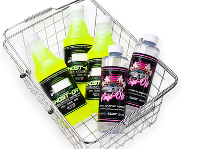 Shopping basket filled with Brothers Chemical Vinyl-Off and Adhesive-Off bottles for bulk purchase