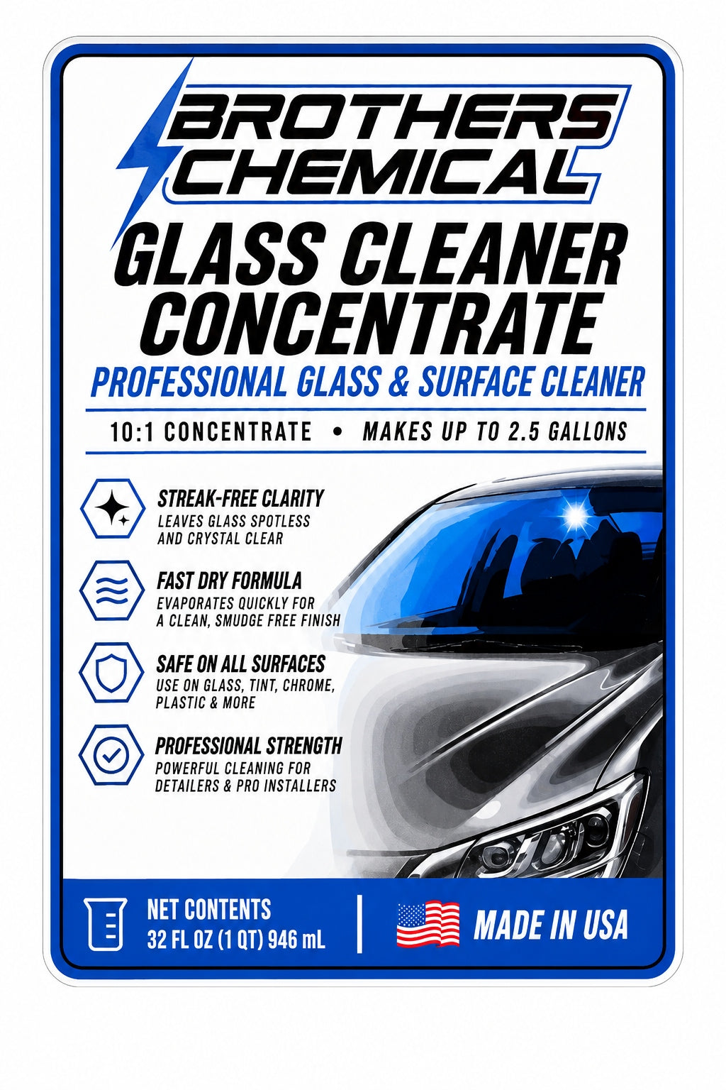 Glass Cleaner Concentrate label showing 10:1 dilution, makes up to 2.5 gallons, streak-free clarity, fast dry, safe on all surfaces, made in USA