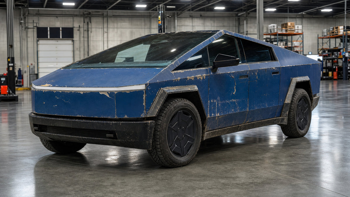 Cybertruck covered in blue vinyl wrap with peeling and damaged panels — before removal